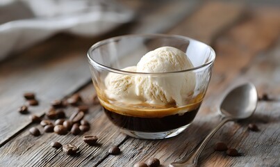 an affogato, creamy vanilla gelato scoop melting into freshly brewed espresso, served in a clear glass cup on a rustic wooden table, surrounded by scattered coffee beans