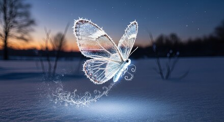 Ethereal Butterfly - A Digital Art Piece of a Glowing Insect in a Winter Landscape.