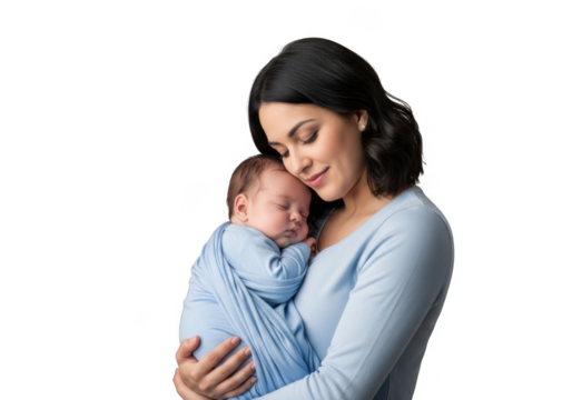 Loving mother gently holding her newborn baby wrapped in a blue blanket isolated on transparent background - Powered by Adobe