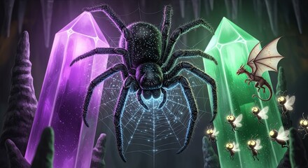 Fantasy Cave Scene with Giant Spider, Dragon, and Crystals.