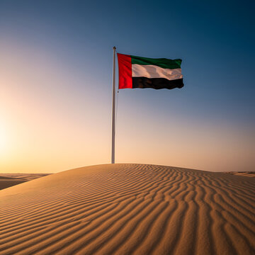 UAE flag waving over desert dunes during warm sunset