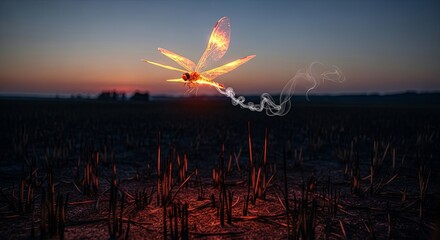 Fiery Dragonfly Soaring Above a Mysterious Landscape at Dusk.