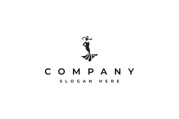 Fashion dress logo design template with woman figure wearing dress and wearing hat abstract fashion dress style design illustration