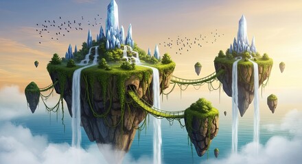 Floating Islands with Waterfalls and Castles in a Fantasy Landscape.