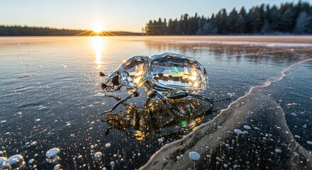Frozen Lake at Sunrise - Ice Reflections and Winter Landscape.