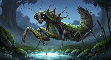 Giant Mantis Monster in a Dark Forest Illustration.