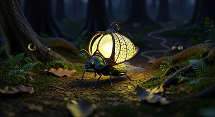 Glowing Beetle Lamp in Enchanted Forest at Night.
