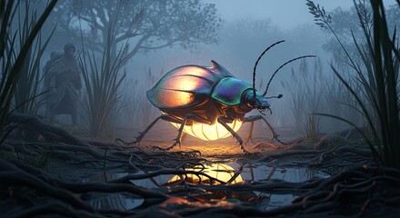 Iridescent Beetle Illuminated in Misty Forest, Fantasy Insect Scene.