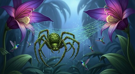 Menacing Spider in Lush Jungle with Vibrant Flowers and Web.