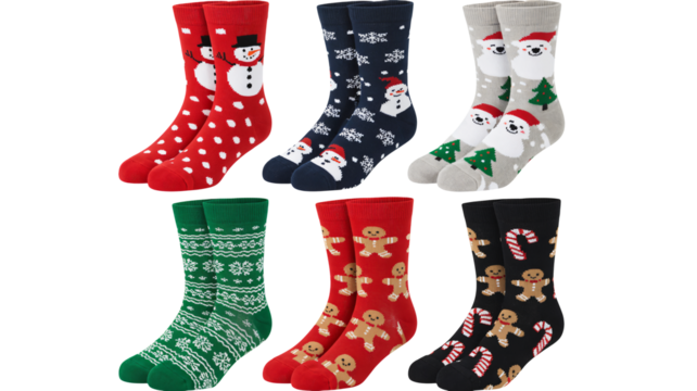 Festive Christmas socks featuring snowmen, Santa, gingerbread, and candy canes