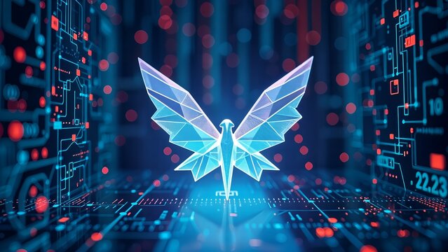 geometric polygonal bird with outspread butterfly wings, resembling an origami-like transparent structure, digital circuit background creating sci-fi cybernetic atmosphere