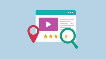 Media player and rating stars, Research media rating, Magnifier and location sign 2d animation with alpha matte