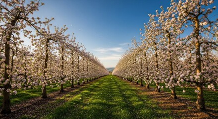 Blossoming Apple Orchard: Rows of Trees in Full Bloom Under Blue Sky