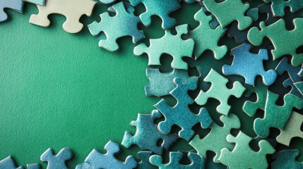 Puzzle pieces on a green surface create a captivating visual composition