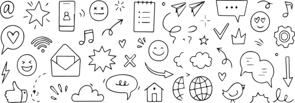 Doodle Style Social Media Icon Set | Hand-Drawn Communication and Networking Elements for Digital Marketing and User Interface Design