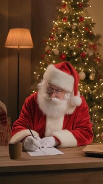 Santa claus writing christmas gift list in cozy room