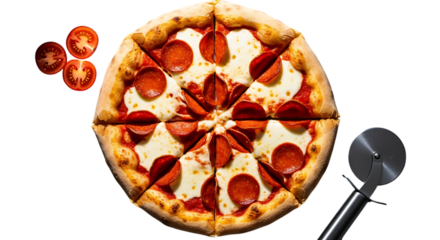 Delicious pepperoni pizza, sliced and ready to eat, with a pizza cutter and cherry tomatoes, isolated on transparent background