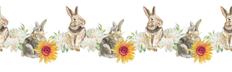 Watercolor seamless border with rabbit and bouquet peony and sunflower on white background. Flower and animal hare for Easter. Spring bunny for wedding celebration. Rim for wallpaper or wrapping
