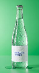 A clear glass bottle of sparkling water with condensation droplets on its surface, set against a vibrant green background for a fresh and refreshing beverage presentation