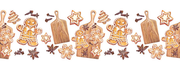 Watercolor seamless border with Christmas gingerbread man and star on cutting board on white background. Celebration winter New Year dessert for menu. Bakery cookie rim for wallpaper or wrapping