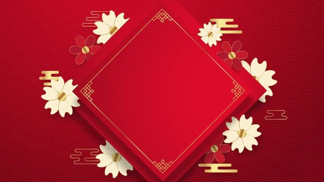 Paper cut style Chinese New Year animation with a layered red frame, wave pattern background, and clean copy space. Perfect for festive greetings, promos, and Asian themed visuals.