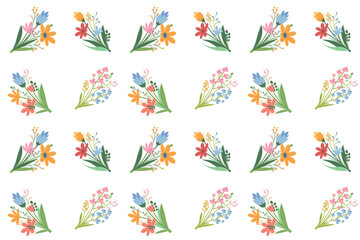 Seamless floral bouquet pattern with colorful hand-drawn flowers on a white background. Perfect for textile prints, wallpaper, and decorative design projects. A vibrant botanical repeat pattern 