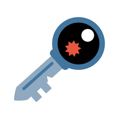 A flat vector key icon symbolizing access, security, and authentication. The design features a blue key with a dark bow, highlighted by a star-like detail at the center.
