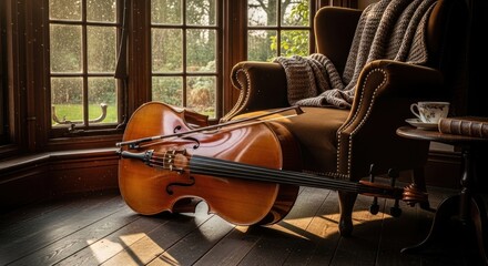Cello and Bow Resting Beside Armchair, Cozy Interior, Warm Light, Serene Scene.