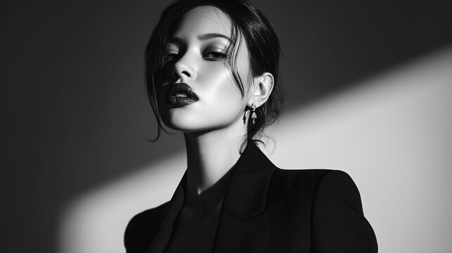Black and white fashion portrait, dramatic editorial woman, luxury monochrome aesthetic
