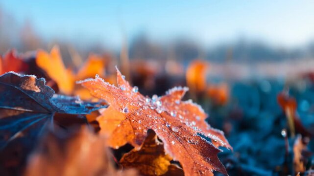 Frost covered autumn maple leaf with water droplets macro close up