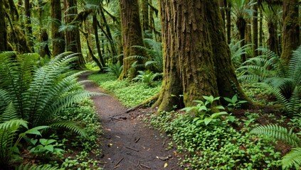 Obraz premium Lush green forest with mosscovered trees and ferns along a winding dirt path