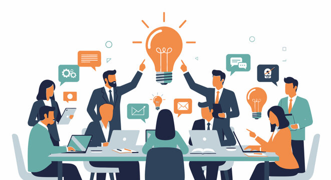 Business Team Brainstorming Meeting with Lightbulb Idea Symbol.