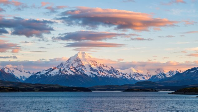 Picturesque view of snow capped mountains reflecting in the tranquil lake at sunset in patagonia, chile
