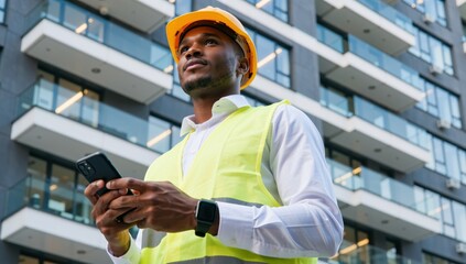 Focused construction worker in safety vest using a smartphone in front of a modern building