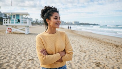 Portrait of a smiling young woman standing on the beach with lifeguard tower in background