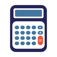 A flat calculator icon with a blue body, light blue display, circular buttons, and an orange equals key, symbolizing math, finance, and digital calculation tools.