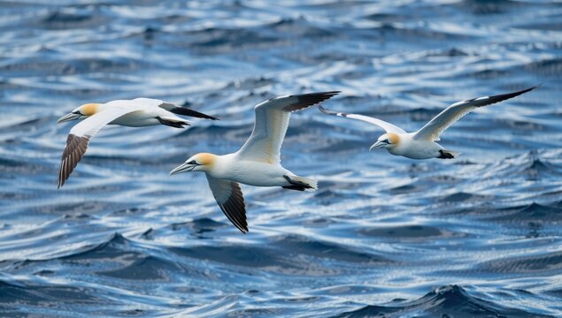 Northern gannet seabirds flying over the ocean with waves, wings spread, in search of fish - Powered by Adobe