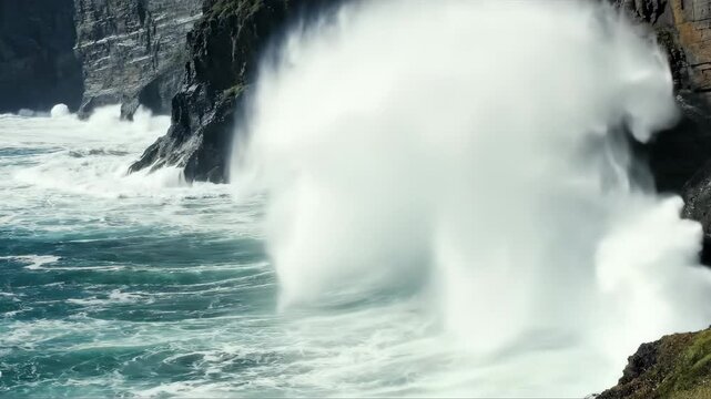 Crashing Ocean Waves Against Rocky Cliffs in Aerial View