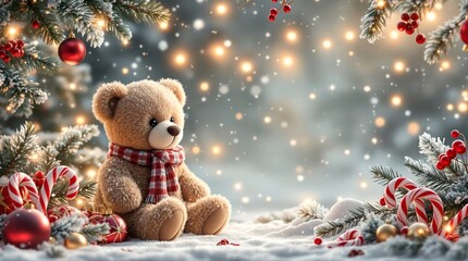 Whimsical Christmas border with teddy bears, twinkling lights, and frosted festive decorations