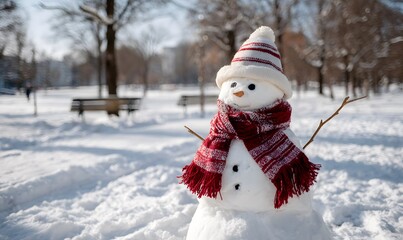 Obraz premium snowman with hat scarf and arm in the park sunny day