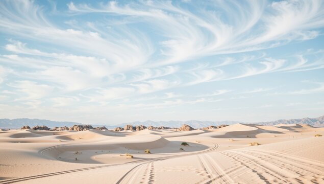 Dramatic desert landscape with sand dunes, tire tracks, and a cloudy sky, evoking a sense of adventure