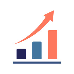 A flat vector bar chart with rising bars and a bold red upward arrow, symbolizing growth, progress, positive performance, and strong economic improvement.