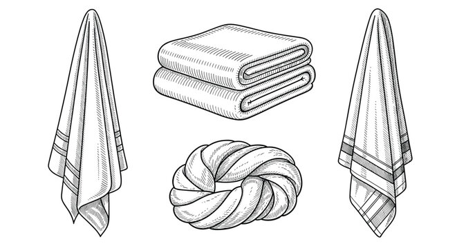 A collection of various towels and a braided knot of fabric.