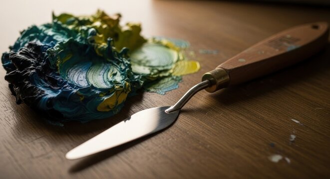 Artist's Palette with Oil Paints and Palette Knife, Close-Up, Artistic Texture.