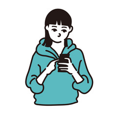 Woman touching her phone Line art Vector