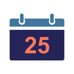A flat calendar icon featuring the number 25, symbolizing a date, event, reminder, or deadline. Commonly used in apps, planners, schedules, and digital interfaces.