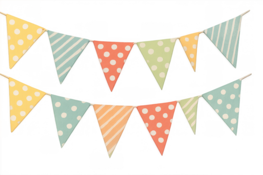 Colorful party bunting decor with polka dot and striped patterns, creating a festive holiday celebration garland, transparent background - Powered by Adobe