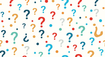 A vibrant pattern of colorful question marks and dots creates a playful and engaging visual.