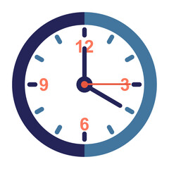 Flat vector analog clock icon in a circular design with split dark-blue and light-blue halves, bold orange numbers, and clean minimal hands.