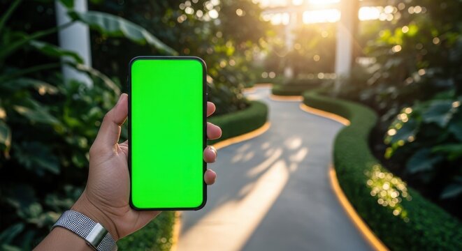 Hand holding a smartphone with a green screen in a lush botanical garden with sunlight filtering through the leaves - Powered by Adobe